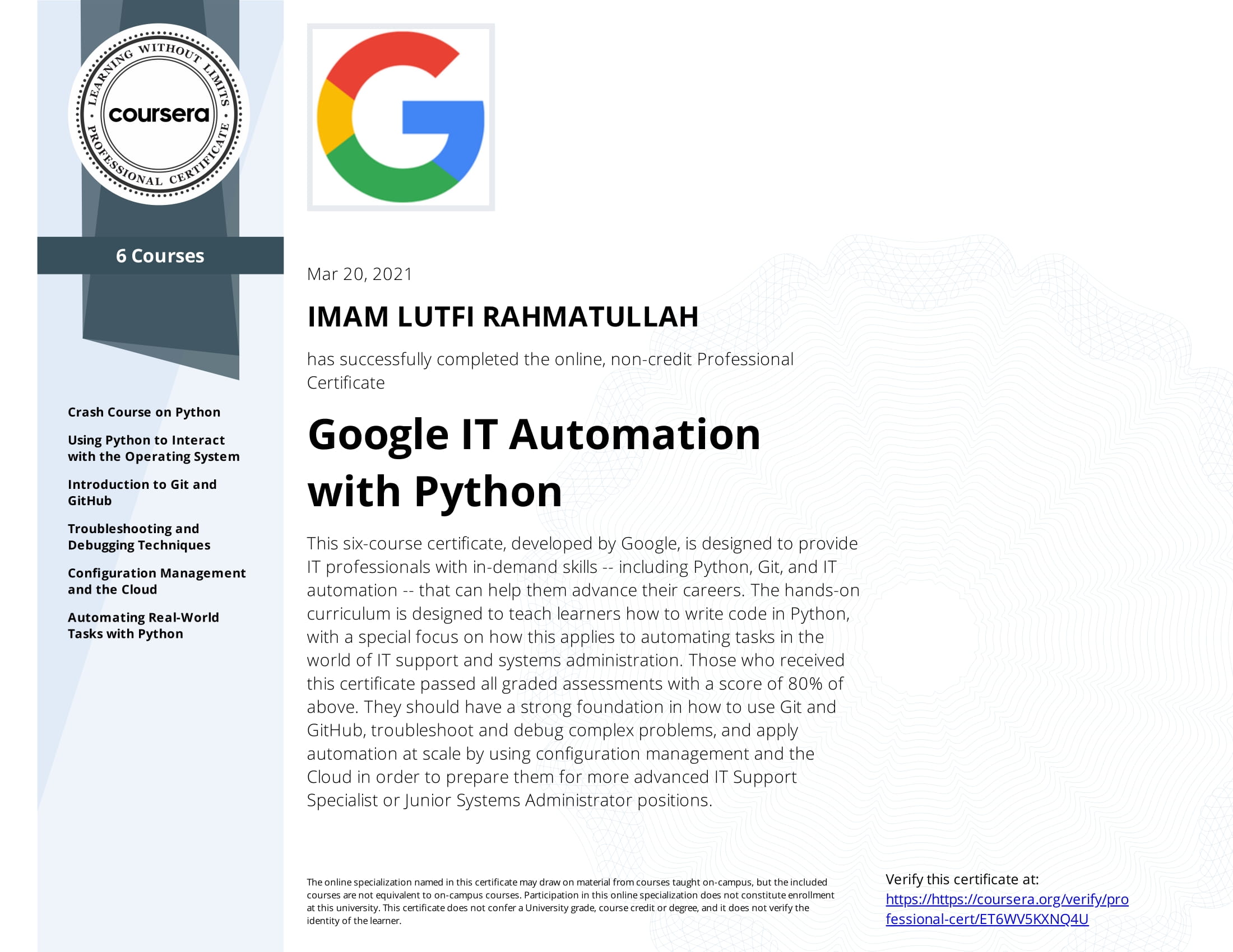 Google IT Automation with Python certificate